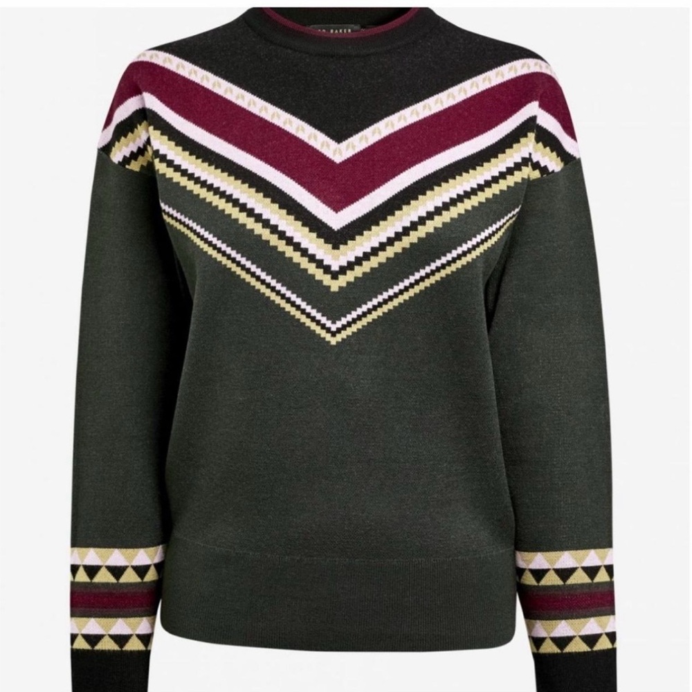Ted Baker Olive Green Chevron-Detail Crew Sweater with Burgundy Accents